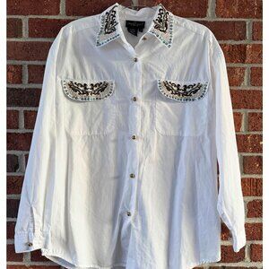 Carole Little White Beaded Embroidered Button Up Shirt Size 6